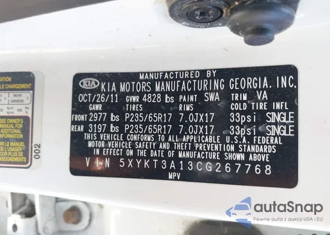 2012 Kia Sorento Lx из США, поврежденный, VIN 5XYKT3A13CG267768